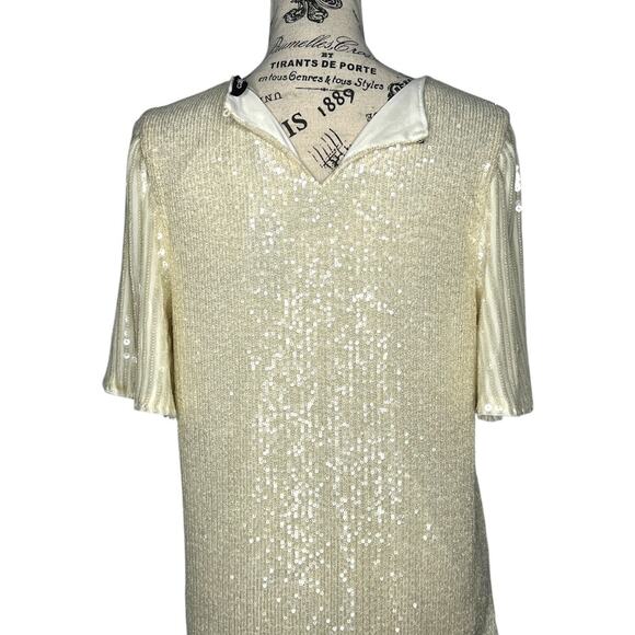 Cable & Gauge (L) Whisper Cream Sequin Sparkly Flutter Sleeve Back Keyhole Top - Picture 5 of 13